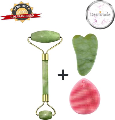 Demiracle Jade Face Roller met Gua Sha Schraper en Roze Siliconen Gezichtsborstel - Gezichtsroller - Massage Roller - Jade Roller - Rimpelverwijdering - Ontspanning