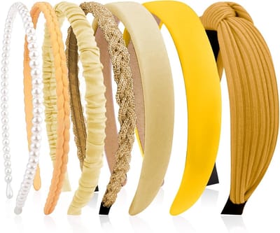 Set van 7 Dames Haarbanden met Parels, Diverse Modellen, Plastic Haaraccessoires voor Vrouwen en Meisjes (Geel)