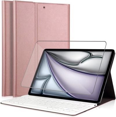 Hoes met toetsenbord geschikt voor iPad Air 11 inch 2024 - Screen Protector GlassGuard - Keyboard Book Case Cover Hoesje Rose & Screenprotector