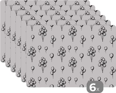 Placemat - Placemats kunststof - Ballon - Patronen - Zwart Wit - 45x30 cm - 6 stuks - Hittebestendig - Anti-Slip - Onderlegger - Afneembaar