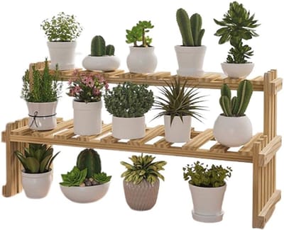 Plantenstandaard - Bloemenrek - Planten Decoreren - Massief Hout - 2 Lagen - Houtkleur