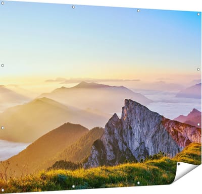 Gards Tuinposter Zonsopkomst in de Bergen in de Alpen - 150x120 cm - Tuindoek - Tuindecoratie - Wanddecoratie buiten - Tuinschilderij