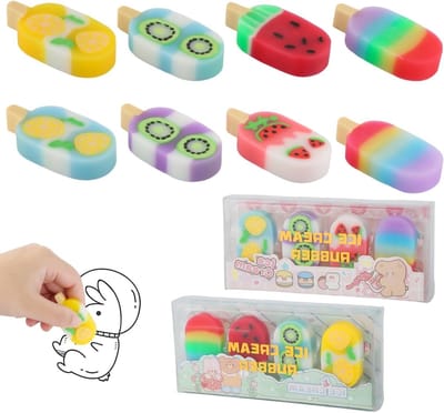 Set van 8 Schattige Fruitvormige Gum voor Kinderen - Leuke IJs Mallen, Ideaal voor Schrijven en Tekenen, Creatief Kantoorbenodigdheden