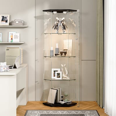 Vitrinekast van Gehard Glas met LED – Vijfhoekige Displaykast met Slot, 4 Planken
