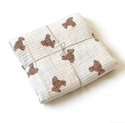 Dailygoods- Wikkeldeken 90 x 130 cm - Ademend - Zacht - 100% Katoen - Dubbeldekker - Berenmotief - Baddeken