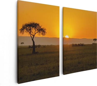Artaza Canvas Schilderij Tweeluik Zonsopgang In De Savanne Met Een Boom - 80x60 - Foto Op Canvas - Canvas Print