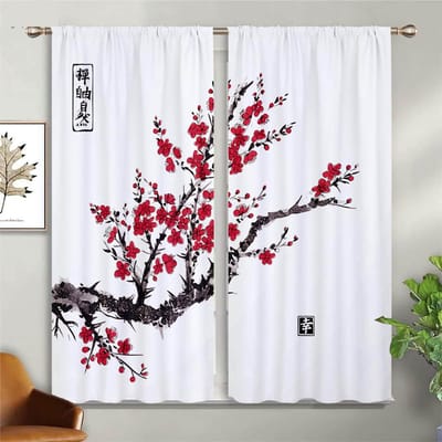 2 stuks Gordijn in Chinese stijl Kersenbloesem Zon Rivier Landschap Print Gordijn voor Woonkamer Keuken Slaapkamer Raamdecoratie 100W130H(CM)40x51in&Grommet Top white