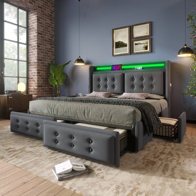 STILVORA Gestoffeerd Bed Tweepersoonsbedden 140x200 cm - Bed Met Lades 4x + Matras 7-Zones Kaltschaum - LED Verlichting & USB Oplaadfunctie - Katoen - Grijs