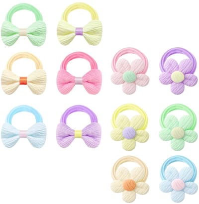 Dailygoods- Haarelastiekjes 12 Stuks - Zachte Babyhaarelastiekjes - Snoepkleurige Kinderhaarelastiekjes - Bloem/Strik Design - Lichtgewicht/Haaraccessoires - Haarbandjes