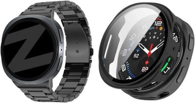 Bandz Stalen schakelband ‘Classic’ – Hoogwaardig RVS – Zwart – inclusief inkortset + Strap-it Hard case hoesje met screenprotector glas – Zwart – geschikt voor Samsung Galaxy Watch 8 (40mm)