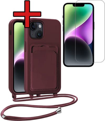 Hoesje Geschikt voor iPhone 13 Hoesje Met Telefoonkoord en Pasjeshouder Met Screenprotector Siliconen - Hoes Geschikt voor iPhone 13 Hoesje Met Kaarthouder Case - Aubergine