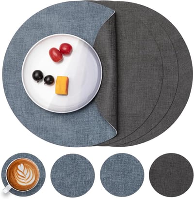 Ronde leren placemats en onderzetters set van 4, waterdicht en afwasbaar, antislip tafelmatten in grijs en lichtblauw