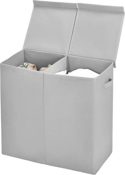 Wasmand 115L met Deksel en 2 Vakken - Grijze Wasmand voor Vuile Kleding en Opberging