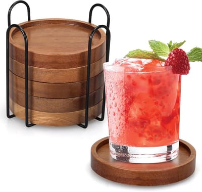 6-delige Houten Onderzetters met Houder – Acaciahouten Coaster Set – Drinkonderzetters voor Koffietafel, Keuken en Eettafel – Inclusief Metalen Houder