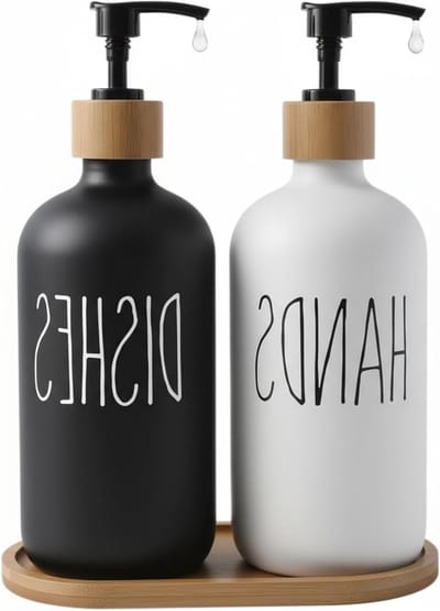 Set van zeepdispenser voor keuken, dispenser voor afwasmiddel, glazen fles met bamboe standaard, geschikt voor badkamer, keuken en wasruimte (zwart-wit)