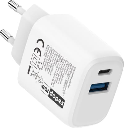 Oplader adapter - USB C en USB A - 20W - Snellader met dubbele aansluiting - Eardopes