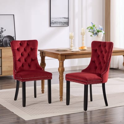 Clruro Classic Velvet Eetkamerstoelen - Set van 2 - Houten Poten & Nailhead Trim - Bordeauxrood