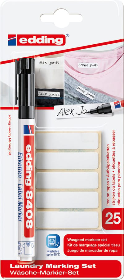 edding 8408 set voor wasgoed markeren - 1 permanent pen + 25x strijkbare naamlabels - bestand tegen wassen tot 60 °C en chemisch reinigen