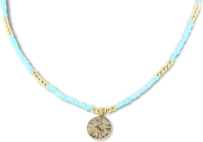 CO88 Collection 8CN-26293 Stalen Ketting met Kralen - Dames - Goudkleurig - 3 mm - Turkoois - 2,5 mm - Fantasie - 12 mm - Lengte 70 + 7 cm