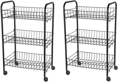 Set van 2x stuks zwarte keuken trolleys met manden op wielen 0 x 26 x 62 cm - Keukentrolleys - Keuken/badkamer rekje van metaal