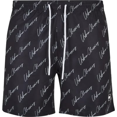 Urban Classics - Pattern blackscriptlogo Zwemshorts - S - Zwart/Wit