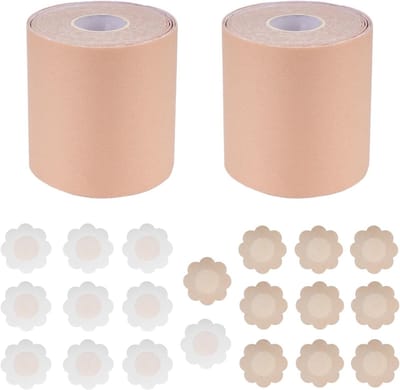2 Rollen Borst Tape 7.5cm x 5m Zelfklevende Push-Up Tape voor Dames met 10 Paar Tepel Pads in Huidkleur, Ideaal voor Onder Kleding en Speciale Gelegenheden