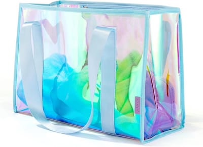 Grote Doorzichtige Strandtas Dames - Waterdichte Shopper met Zakje - Trendy Blauwe Banden