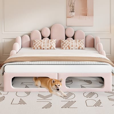Slaapbank met huisdierbed – multifunctionele slaapbank van 180 × 200 cm – slaapbank met fluwelen bekleding – roze gestreept onderstel en rugleuning