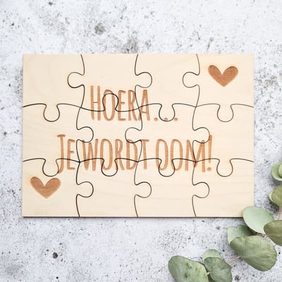 Hoera... Je wordt oom! | Houten puzzel A5 | Zwangerschapsaankondiging | Bekendmaking zwangerschap