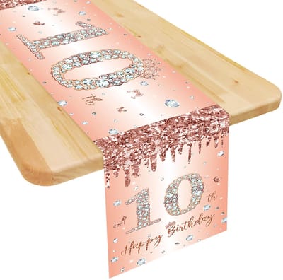 Tafelloper 10e verjaardag meisje roségoud Gefeliciteerd met je 10e verjaardag tafellint voor 10e verjaardag haar verjaardag jubileum viering feest diner tafel linnen doek tafelkleed decoratie voor thuis, 180x35 cm lang