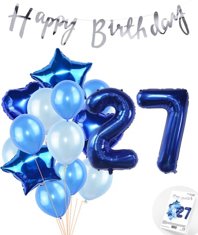Snoes Ballonnen 27 Jaar Feestpakket – Versiering – Verjaardag Set Mason Blauw Cijferballon 27 Jaar - Heliumballon