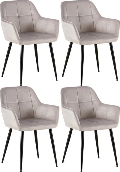 CLP Emia Set van 4 eetkamerstoelen - Met armleuning - Velvet - Fluweel - licht grijs Fluweel