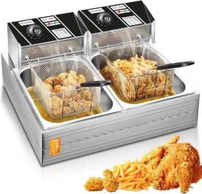 Elektrische Friteuse - Frituurpan Dubbel - Frietjes Bakken - Dubbele Mand - 11 L - Zilver