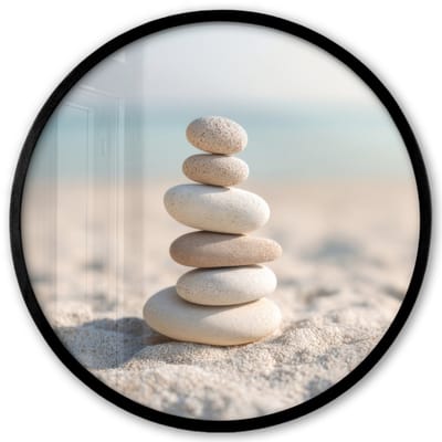 Poster in lijst Rond - Fotolijst 40x40 cm - Posters - Stenen - Stapel - Zand - Zee - Ronde posterlijst zwart - Decoratie - Wanddecoratie woonkamer - Muurdecoratie slaapkamer
