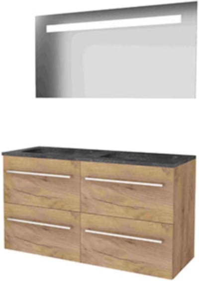 Basic-Line Economic 46 Badkamermeubelset - 120 x 46 cm - Met Grepen - 4 Lades - Hardstenen Wastafel - Zonder Kraangat - Spiegel met LED Verlichting - Whisky Oak