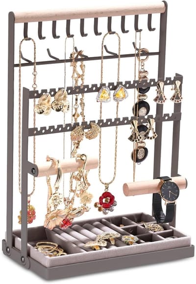 Sieradenstandaard voor Oorbellen, Kettingen en Armbanden met Opbergfunctie in Grijs - Perfect voor Organisatie en Decoratie van Juwelen
