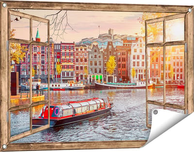 Gards Tuinposter Doorkijk Amsterdamse Huisjes vanaf de Grachten - 90x60 cm - Tuindoek - Tuindecoratie - Wanddecoratie buiten - Tuinschilderij