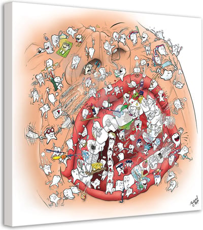 Tandarts Cartoon op canvas - Roland Hols - Gebitszorg - 60 x 60 cm - Houten frame 4 cm dik - Orthodontist - Mondhygiënist