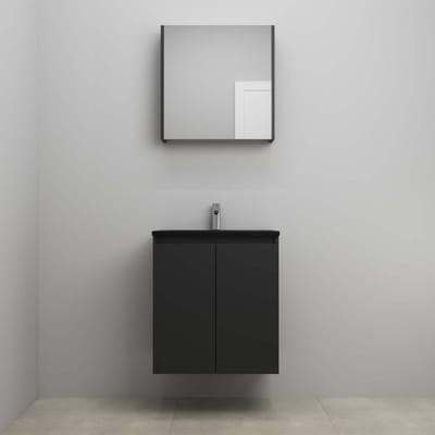 On-Line Badkamermeubelset - 60 cm - Bouwpakket - Greeploze Ladestructuur - Acryl Wastafel - 1 Kraangat - Spiegelkast - Mat Zwart