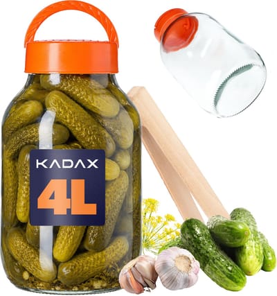 KADAX Inmaakpot met tang, komkommerglas met deksel van kunststof, glazen ballon, voorraadpot voor komkommers, inmaakpot, luchtdichte conservering (4 liter)