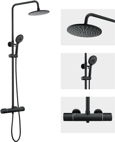 Auralum max Regendouche met Thermostaatkraan - Regendouche en Handdouche - 9 inch Douchekop - Rond Design - Zwart