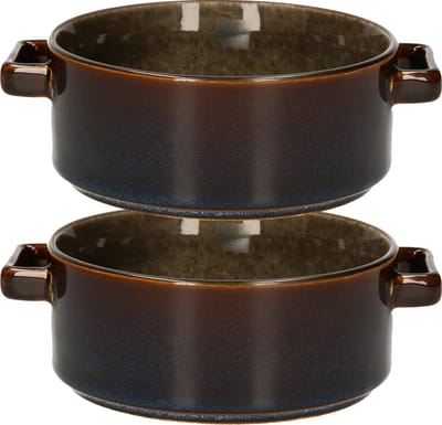 Cosy & Trendy Kommetjes / soepkommen voor dessert/ontbijt - 2x - Porselein - D13 x 5.5 cm - groen/bruin - met oortjes - stapelbaar