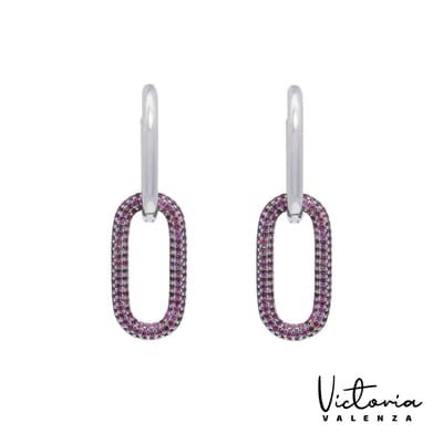 Victoria Valenza Zilverkleurige lange link oorbellen met roze zirkonia stenen – Oorbellen – Zilveren oorbellen – Oorbellen dames – Oorbellen Zilver – Zilver – Zirkonia stenen – 1 paar