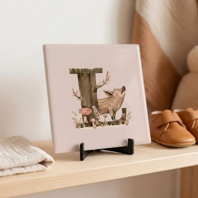 Tegeltje | Alfabet | Bosdiertjes | Baby | Letter L | Glans afwerking | Inclusief gratis standaard | 15 x 15 cm | Fotofabriek