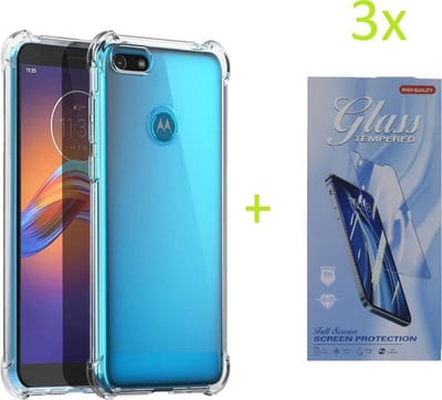 Hoesje Geschikt voor: Motorola Moto E6 Play - Anti Shock Silicone Bumper - Transparant + 3X Tempered Glass Screenprotector