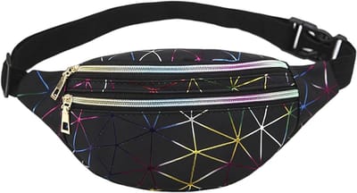 Shiny Geometrische Heuptas, Waterdichte Holografische Fanny Pack voor Reizen, Wandelen en Feesten, Zwart