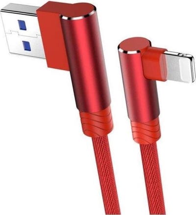 DrPhone D9 Pro Lightning Kabel 3 Meter - Dubbele 90° Haakse Connector - 3A Opladen - Data Synchronisatie - Nylon Gevlochten - Rood