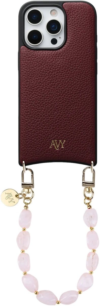 AVY Leren Hoesje Geschikt voor Apple iPhone 16 Pro Max | Compatibel met MagSafe | Leather Case met Telefoonkoord | Polsbandje | Burgundy | Rocher Pink