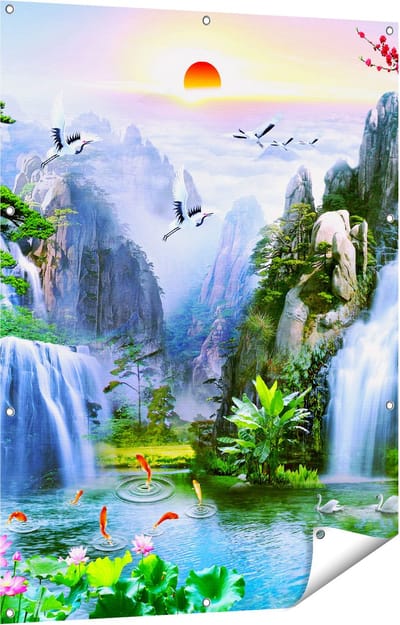Gards Tuinposter Watervallen in de Bergen - Abstract - 90x120 cm - Tuindoek - Tuindecoratie - Wanddecoratie buiten - Tuinschilderij
