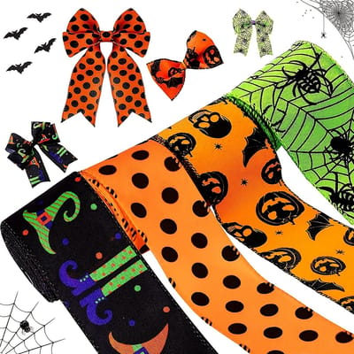Halloween- halloween decoratie-Halloween-lint met draadrand - Spinnenweb - Bedrukt grosgrain lint - Halloween-themafeest - DIY - Knutselwerk - Inpaklint - Decoraties voor thuisfeesten (4 rollen van 20 meter)